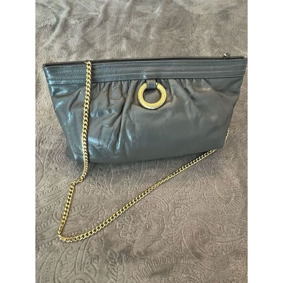 Vintage MORRIS MOSKOWITZ Leather Clutch Handbag Evening Gold Chain O Rings - Picture 1 of 9